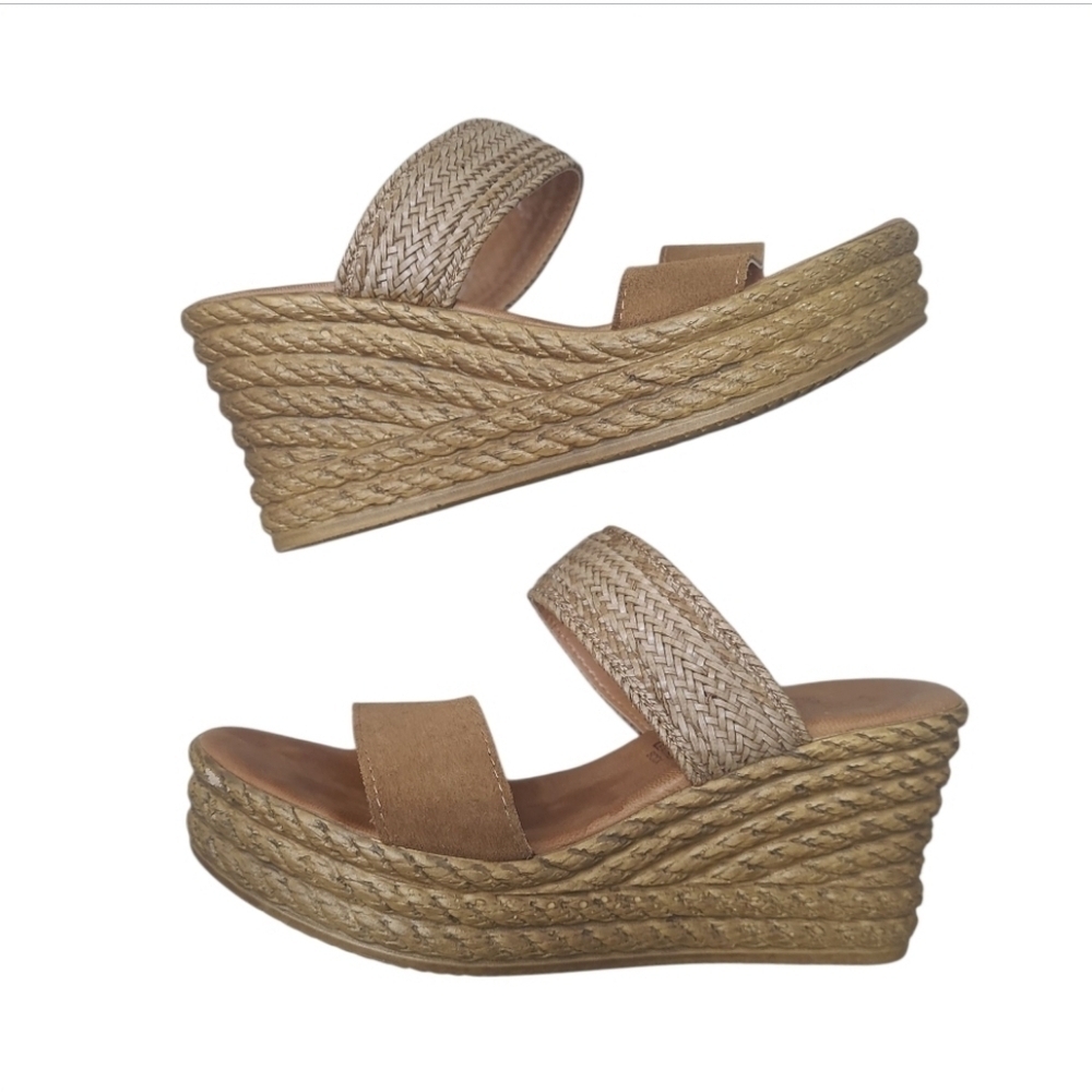 Mariella Suede Leather Woven Natural Slip On Wedge Sandals Size 7